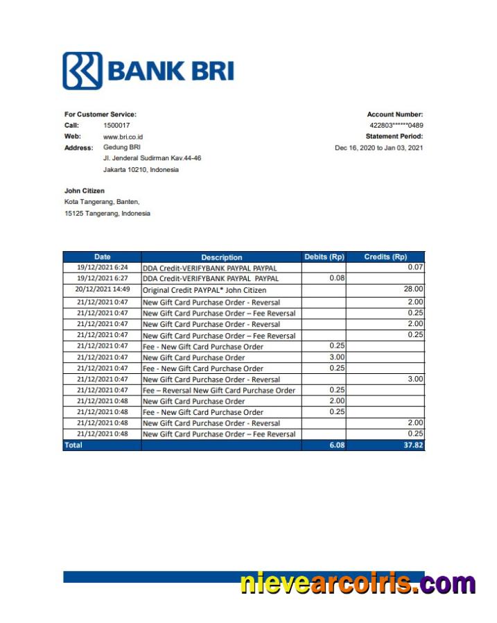 Indonesia Bank Rakyat Indonesia (BRI) bank statement in .xls and .pdf file format
